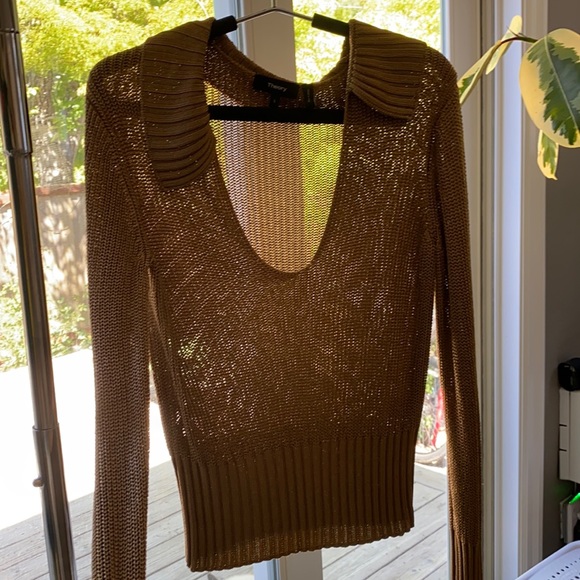 THEORY Ribbed Draped Collar Plunge V Neck Toffee - Picture 2 of 5